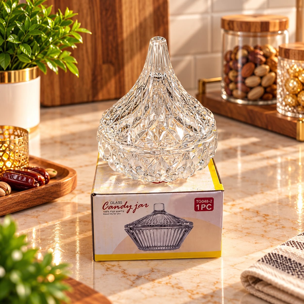 Bonbonnière en Verre Candy Jar à Couvercle – Motif Diamant
