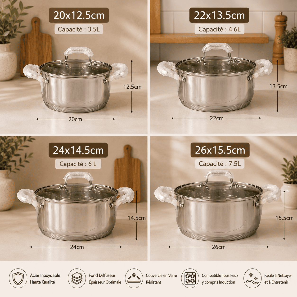 طقم 4 قدور ستانلس ستيل مع أغطية – مقاسان للاختيار — 3