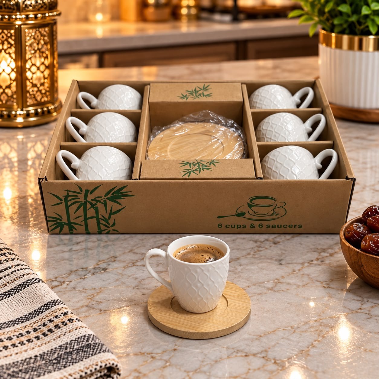 Set de 6 Tasses Blanches en Relief et 6 Soucoupes Effet Bois