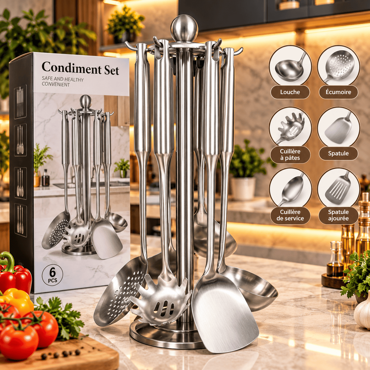 طقم 6 أدوات مطبخ من الستانلس مع حامل – أنيق ولا يصدأ