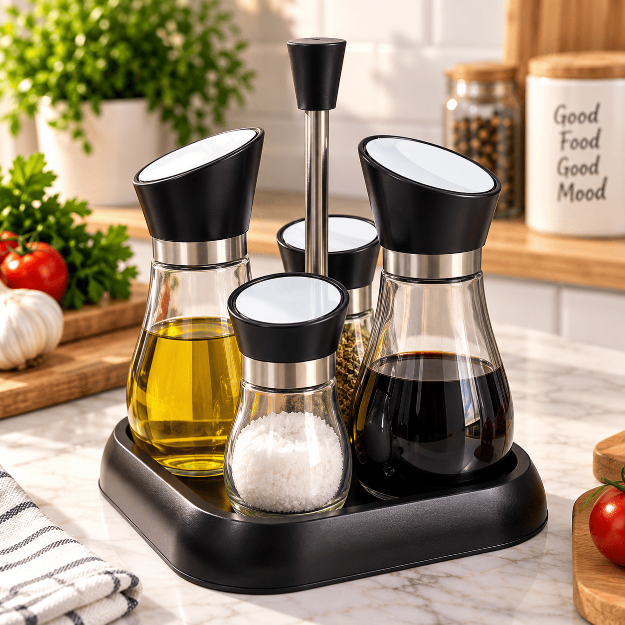 طقم زجاجي للزيت والتوابل مع حامل