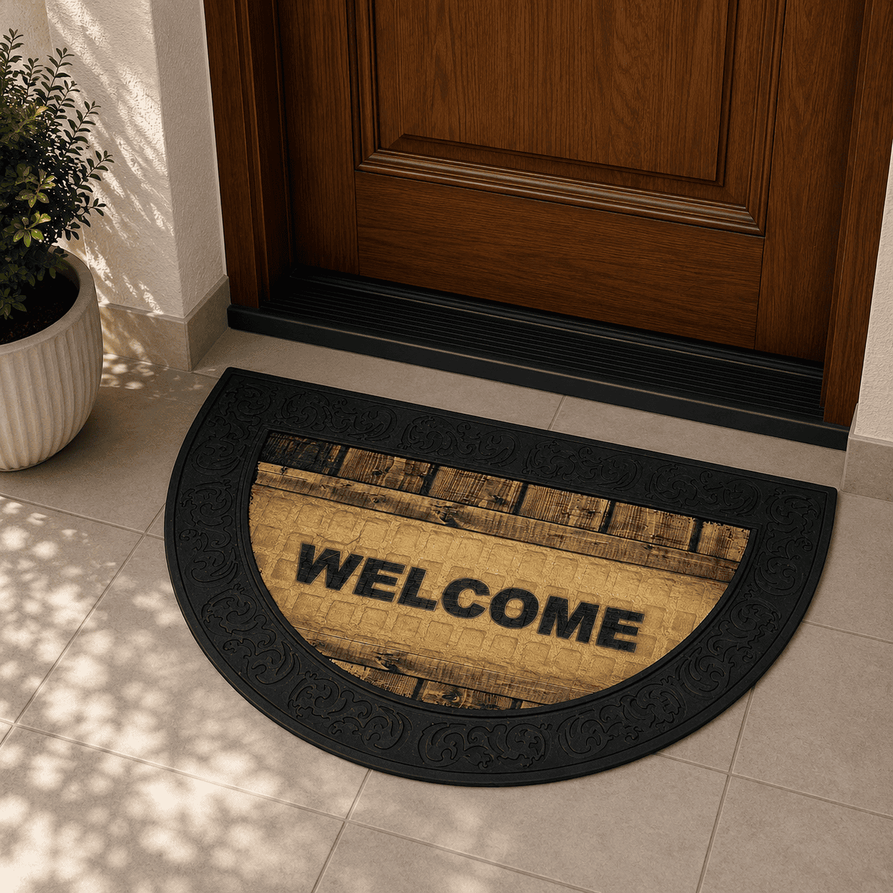 سجادة مدخل مانعة للانزلاق نصف دائرية Welcome – بتأثير الخشب
