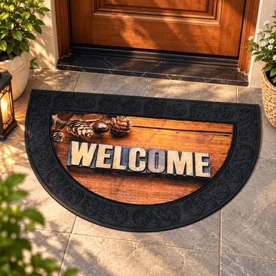 Tapis d'Entrée Antidérapant Demi-Lune Welcome – Effet Bois — 2