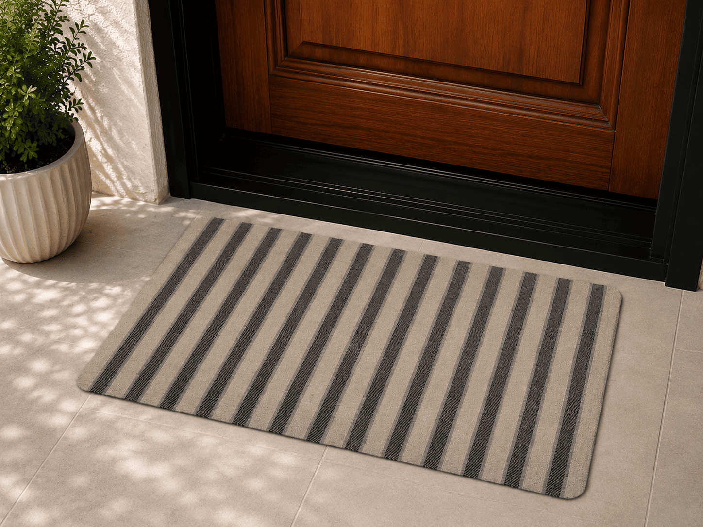 Tapis d'Entrée Antidérapant Rayures – Beige & Gris