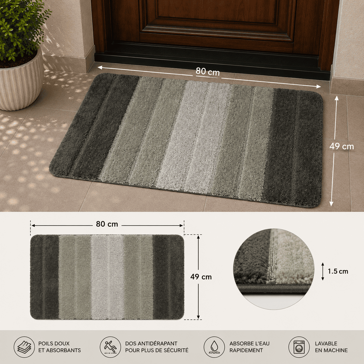 Tapis d'Entrée Antidérapant Moelleux – Rayures Dégradé Gris — 2