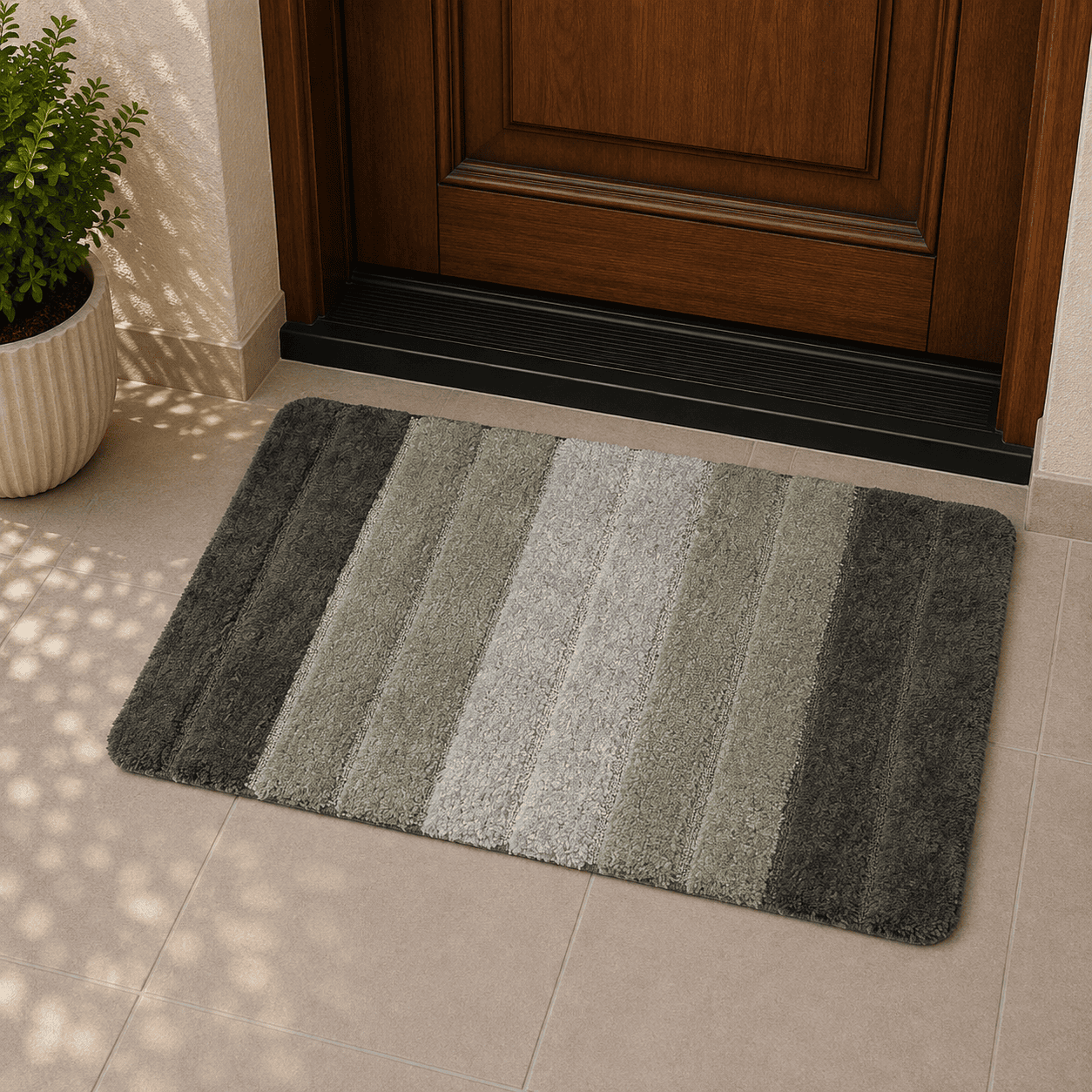 Tapis d'Entrée Antidérapant Moelleux – Rayures Dégradé Gris