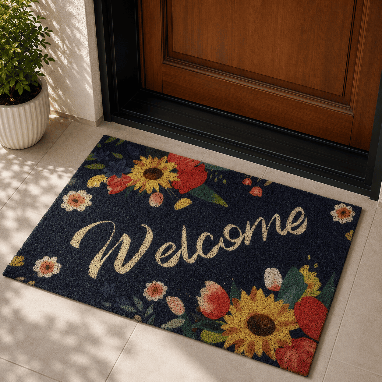 سجادة مدخل مانعة للانزلاق Welcome بنقشة زهرية – أزرق ليلي