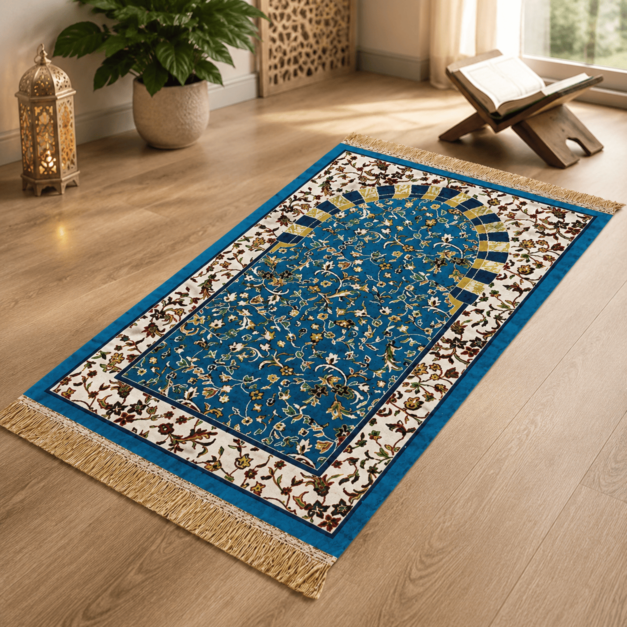 سجادة صلاة مريحة زرقاء – نقشة زهرية 120 × 80 سم