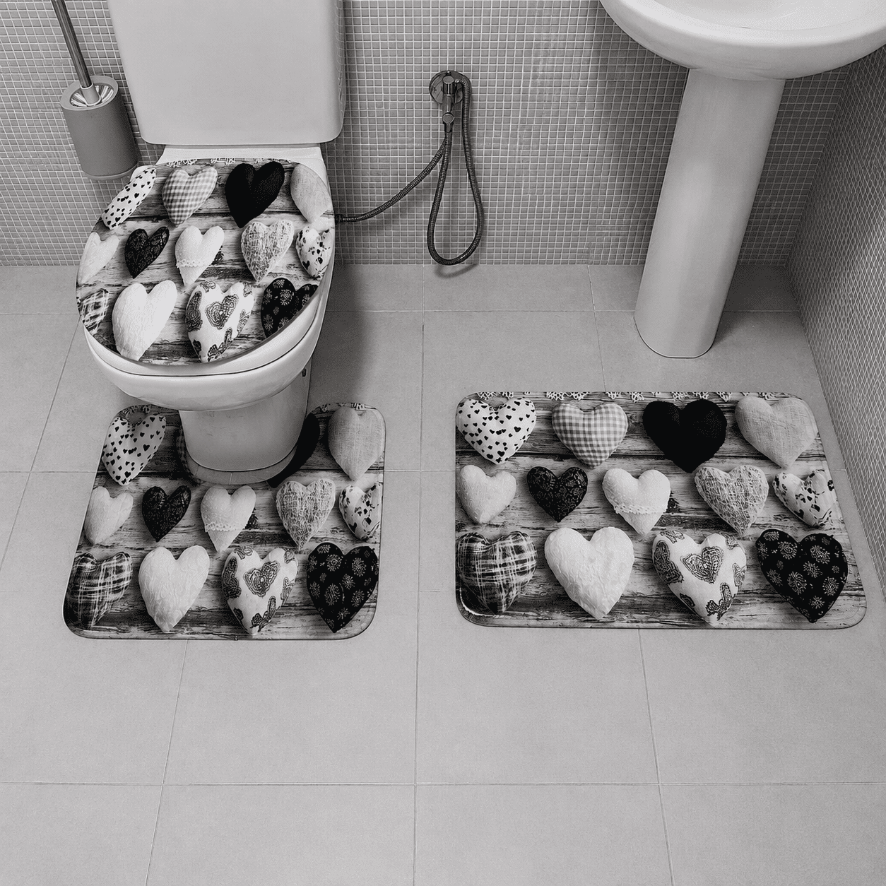 Tapis de Salle de Bain 3 Pièces Cœur Noir & Blanc Chic