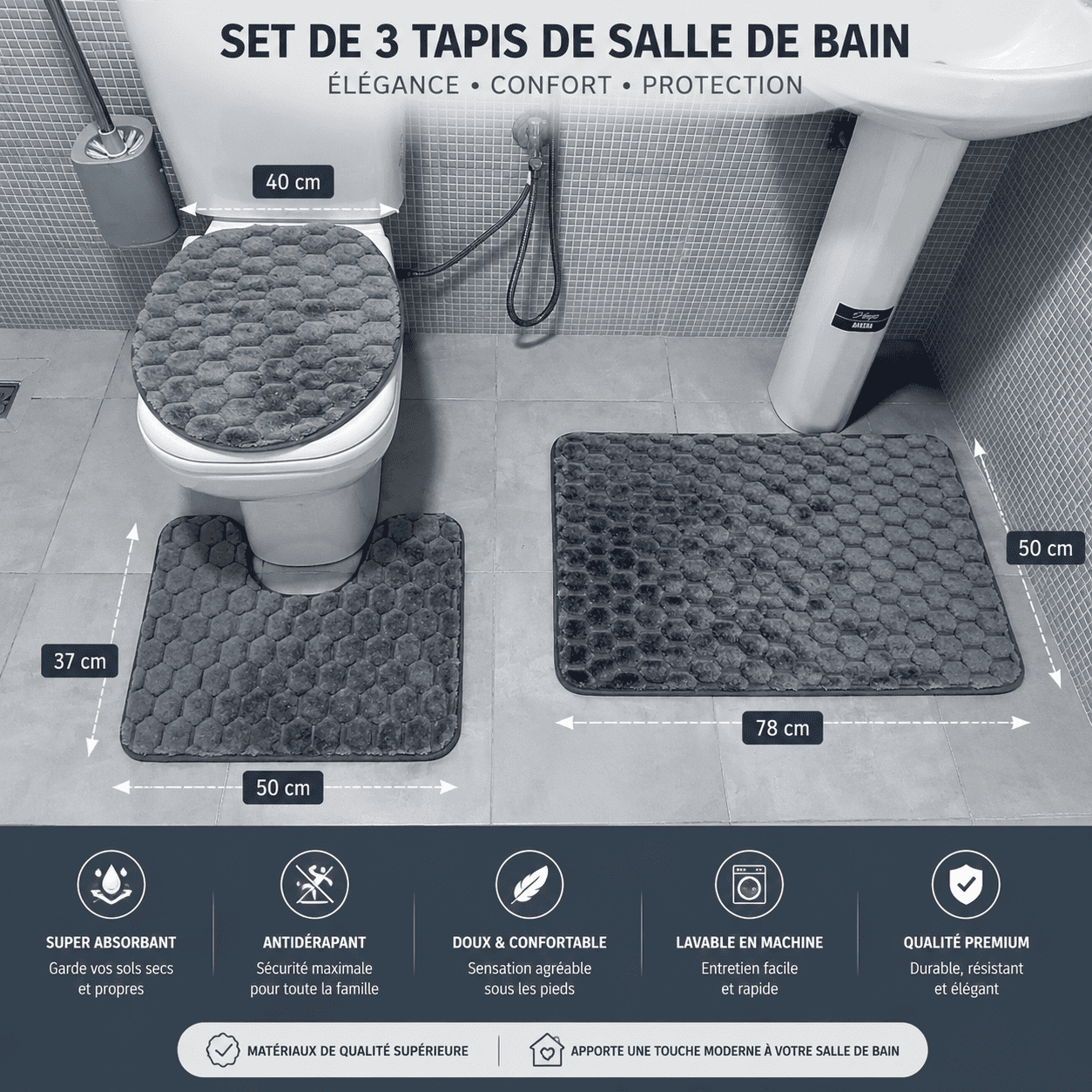 Tapis de Salle de Bain 3 Pièces Gris Anthracite Premium — 2