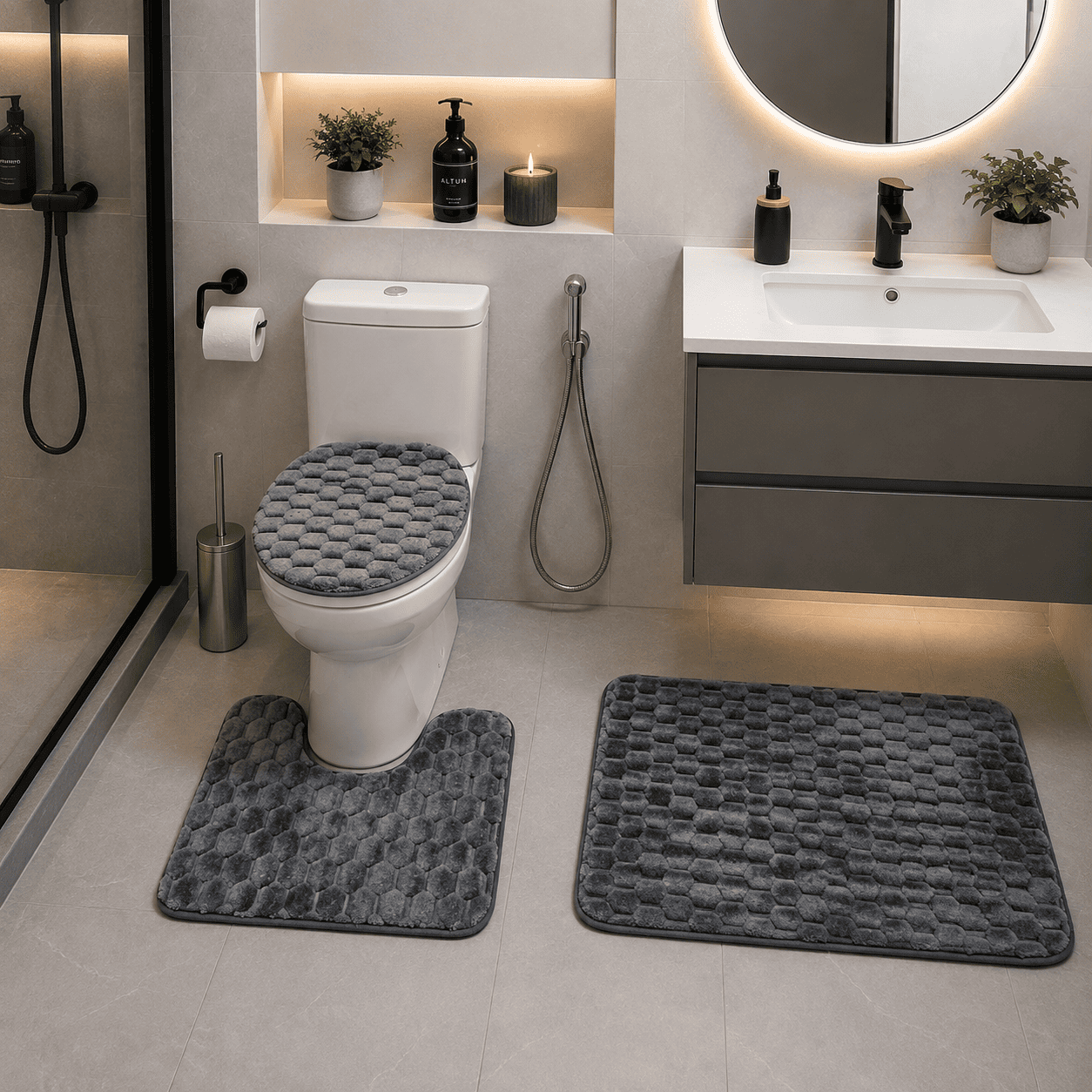 Tapis de Salle de Bain 3 Pièces Gris Anthracite Premium