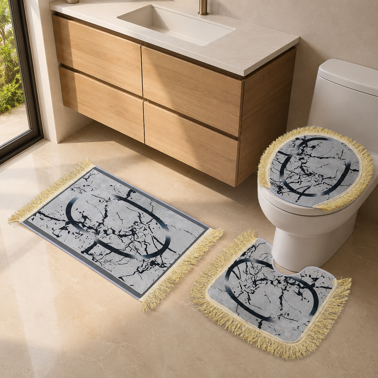 Tapis de Salle de Bain 3 Pièces Marbre Noir