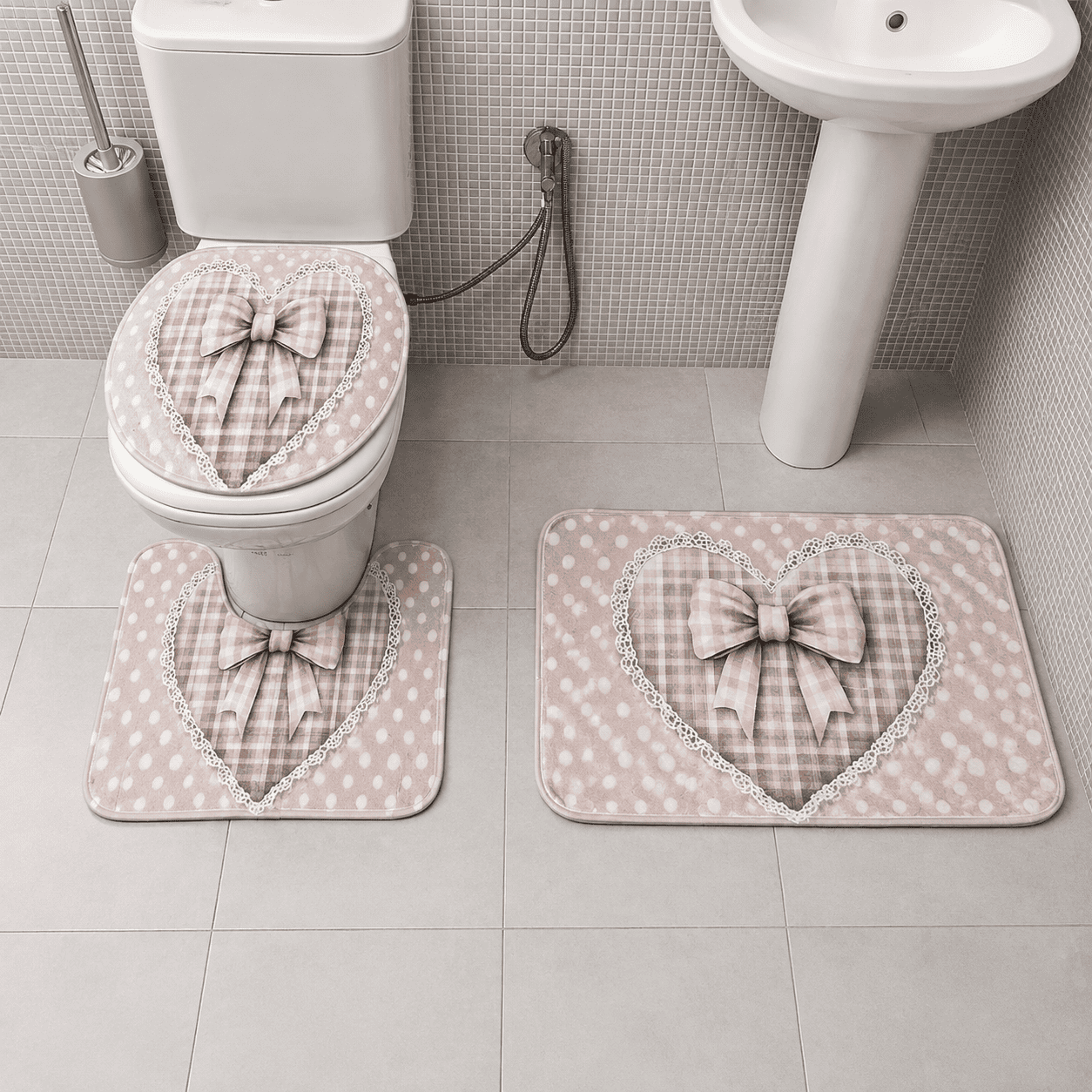 Tapis de Salle de Bain 3 Pièces Rose Cœur Élégance