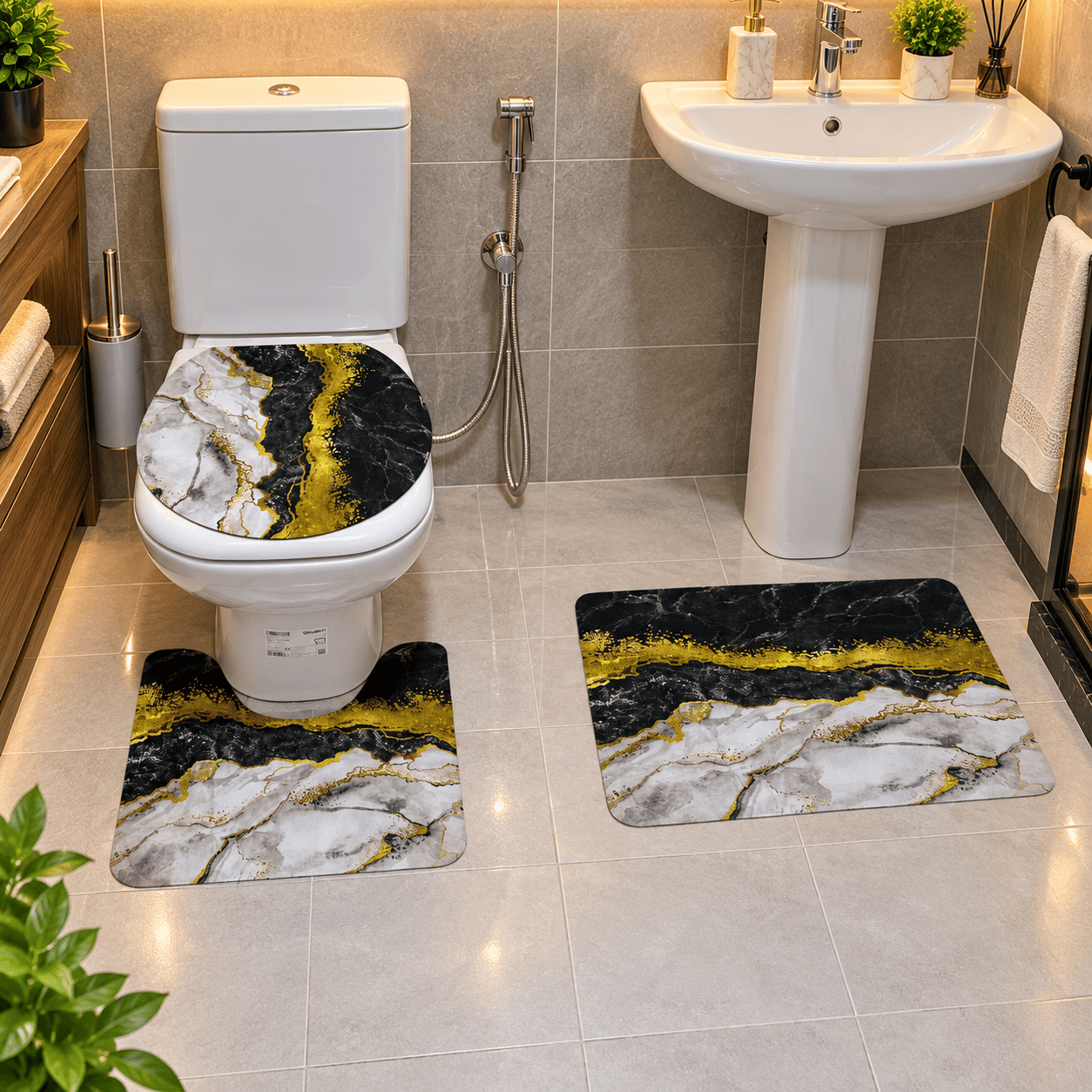 طقم سجاد حمام سيليكون 3 قطع بتصميم رخامي أنيق — 4
