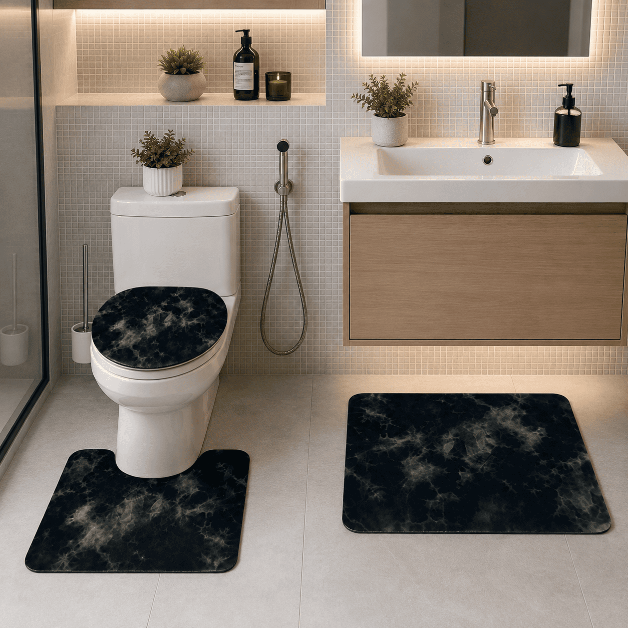 Tapis Salle de Bain Absorbant Silicone Noir Marbre Design